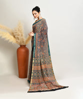 Blue Geometric Pure Ajrakh Handblock Printed Sico Chanderi Saree